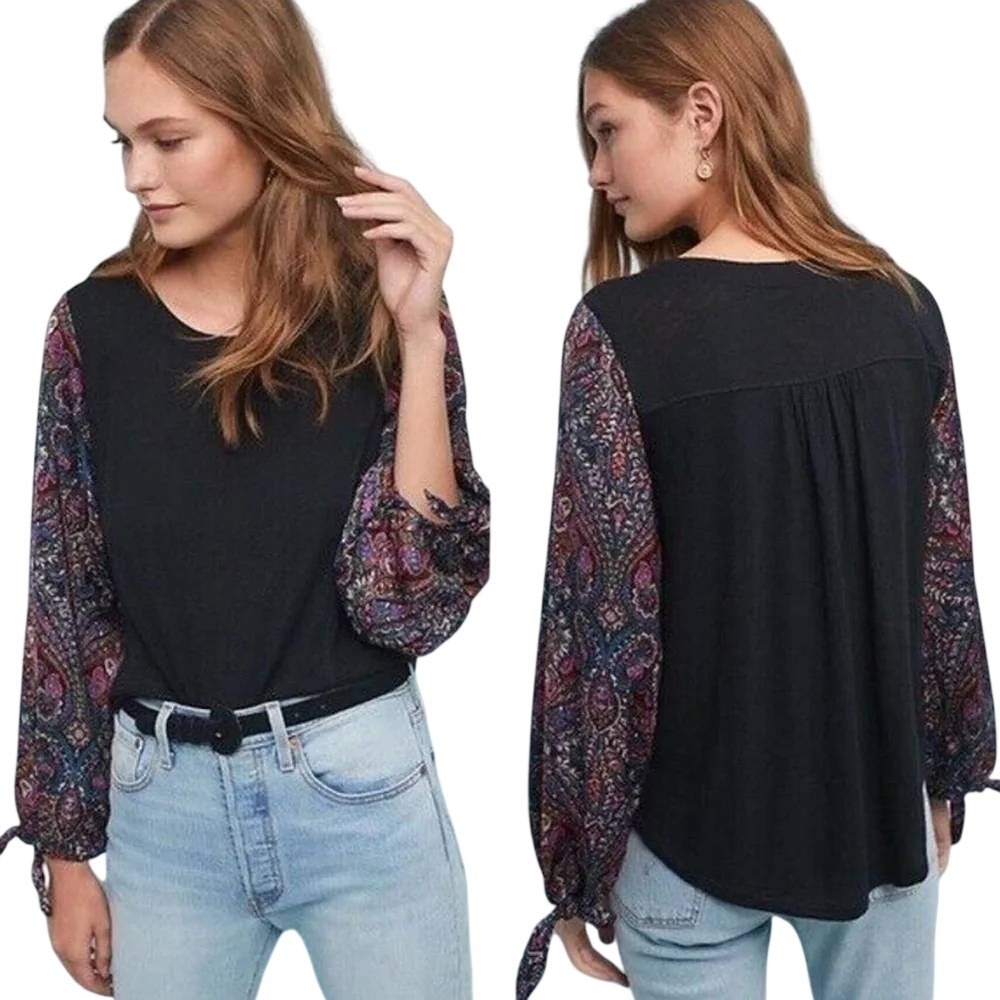 Anthropologie Akemi + Kin Maybelle Black Paisley Mixed Media Top Size Med